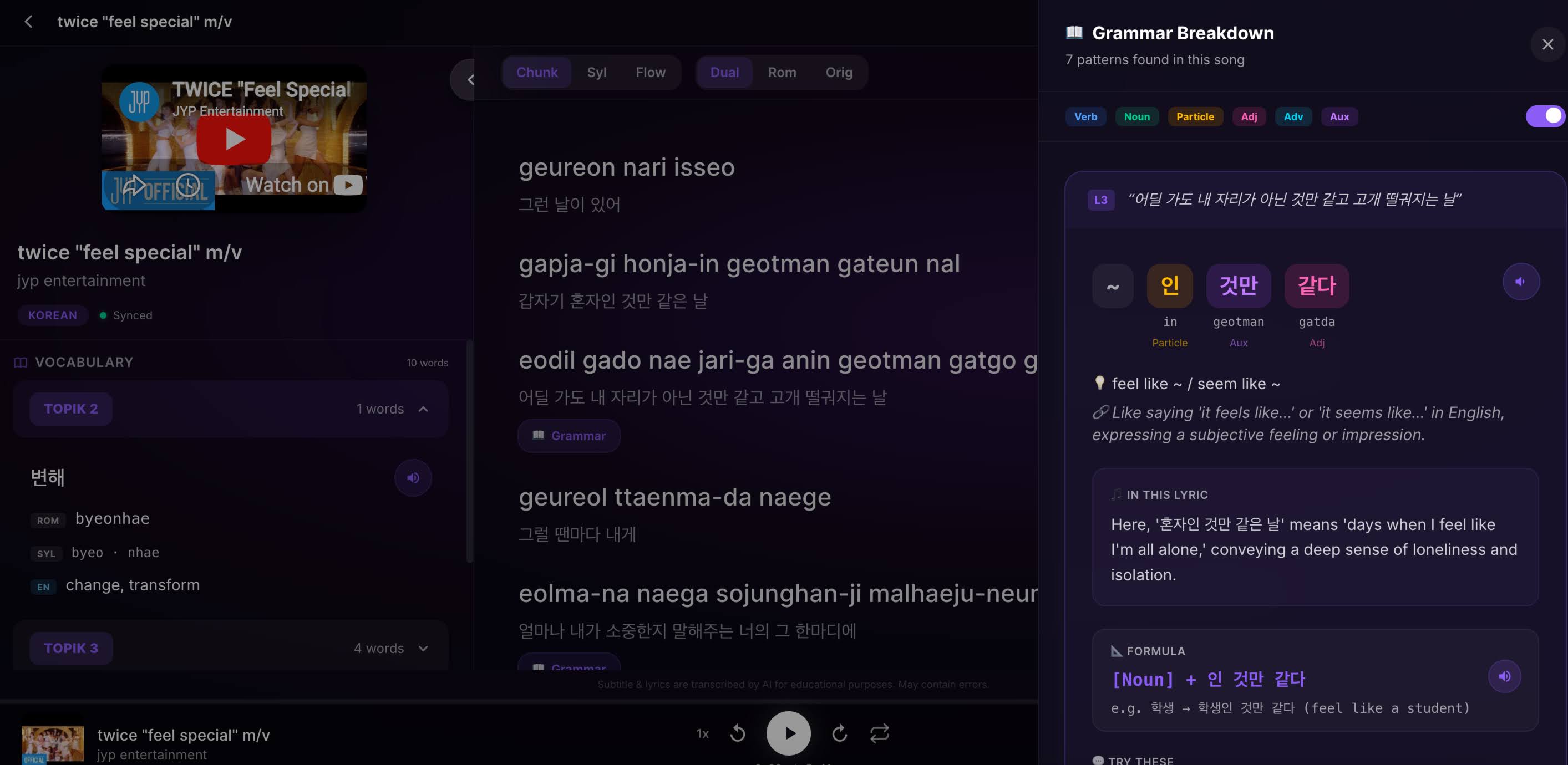 Singji grammar breakdown view